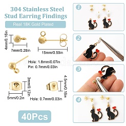 304ステンレススチールボールポストスタッドピアス金具40個  垂直ループと316サージカルステンレススチールピンと40個のピアスキャッチ付き  ゴールドカラー  15x7x4mm  穴：1.8mm  ピン：0.7mm&nbsp;STAS-SC0005-27