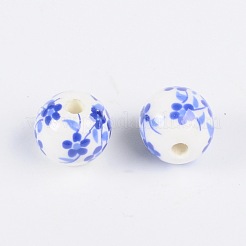 花柄プリントの磁器ビーズ  花柄のセラミックビーズ  ラウンド  ドジャーブルー  12mm  穴：2~2.5mm&nbsp;CF189Y