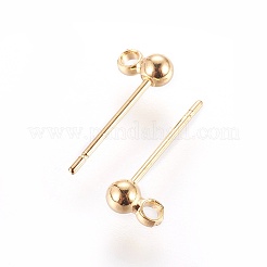 真鍮製スタッドピアスパーツ  カン付き  ニッケルフリー  18KGP本金メッキ  14mm  穴：1.4mm  ピン：0.7mm  ボール：直径3mm&nbsp;X-KK-I649-09G-NF