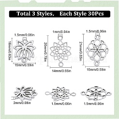 90 個 3 スタイルのチベットスタイル合金コネクタチャーム  蓮の花のリンク  アンティークシルバー  15~20x14~21x1.5~2mm  穴：1~1.5mm  30個/スタイル&nbsp;FIND-SC0007-88