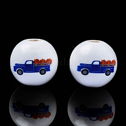 秋のテーマプリント天然木ビーズ  カボチャとトラックで車とラウンド  ダークブルー  15.5x14.5mm  穴：4mm&nbsp;WOOD-S057-093