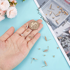 真鍮製キュービックジルコニアスタッドピアス金具20個  水平ループと20個のイヤーナット付き  葉  ニッケルフリー  18KGP本金メッキ  14.5x7.5mm  穴：1mm  ピン：0.5mm&nbsp;KK-BBC0004-96