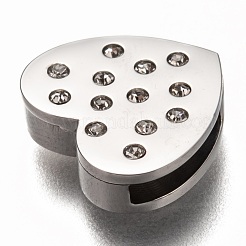 304ステンレススチールスライドチャーム  ラインストーン付き  ハート  クリスタル  ステンレス鋼色  12x13x3.5mm  穴：8x1.5mm&nbsp;STAS-P270-20P-01