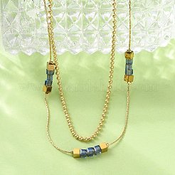 304ステンレススチールとキューブブルーガラスの二重層ネックレス（女性用）  イオンプレーティング（ip）  ゴールドカラー  16.02インチ（40.7cm）&nbsp;NJEW-A045-15G