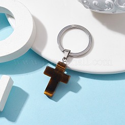 ナチュラルタイガーアイキーホルダー  304ステンレススチール製スプリットキーリング付き  クロス  5.6cm  クロス：37.5x18x5.5mm&nbsp;KEYC-JKC00729-04
