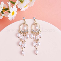 シェルパールシャンデリアピアス  女性のための合金ロング タッセル ドロップ イヤリング  ゴールドカラー  70x18.5mm  ピン：0.7mm&nbsp;JE964A