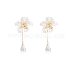 真鍮とガラスの花モチーフのスタッドピアス（女性用）  レジン ティアドロップ ダングル イヤリング  透明  53mm&nbsp;WGDC4BF-01