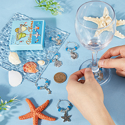 ビーチオーシャンテーマ合金ワイングラスチャーム  ガラスビーズと真鍮のワイングラスチャームリング付き  混合図形  アンティークシルバー＆プラチナ  45~56mm  12個/箱&nbsp;AJEW-SC0002-41