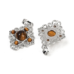 天然石タイガーアイペンダント  真鍮製の金具が付いた菱形のチャーム  ラックめっき  プラチナ  35.5x27x7.5mm  穴：8.5x4.5mm&nbsp;G-Z077-01P-13