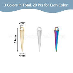 60本3色合金ペンダント  カドミウムフリー＆ニッケルフリー＆鉛フリー  コーン  ミックスカラー  25x4mm  穴：2mm  20個/カラー&nbsp;PALLOY-DC0001-01-NR