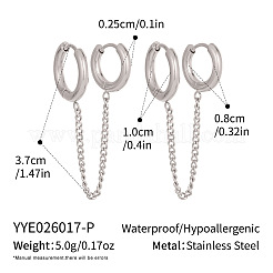 女性用304ステンレススチール製ダブルフープピアス  チェーン形状  ステンレス鋼色  37x0.8~10mm&nbsp;XJ9052-2