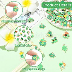 50個 10スタイル 聖パトリックの日のエナメルと合金ペンダント  ゴールドカラー  混合図形  12~19x11~15x1mm  穴：1.6~1.8mm  5個/スタイル&nbsp;FIND-CJ0005-83