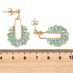 304ステンレススチールスタッドピアス  オーバル  真鍮製の連結リングとガラスビーズのドロップピアス（女性用）  ゴールドカラー  ディープスカイブルー  35x21mm&nbsp;EJEW-MZ00756-01