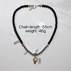 ヨーロッパ製8mmブラックガラスビーズ、天然ピクチャージャスパーピラミッドペンダントネックレス、合金製OTクラスプ付き（男性用）  プラチナ  21.65インチ（55cm）&nbsp;WW6368-2
