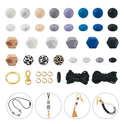 DIY ビーズ キーホルダー ブレスレット メイキング キット  合金分割キーリングとクラスプを含む  プラスチックの留め金  シリコン＆ウッドヨーロピアンビーズ  目と六角形と丸のある八角形  ミックスカラー&nbsp;DIY-TA0004-23
