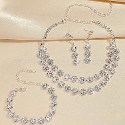 花の合金ラインストーンチェーン二重層ネックレス＆スタッドダングルイヤリング＆ブレスレットセット  銀  クリスタル  295mm&nbsp;FS-WG0F210-01