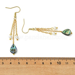 シェルパールとアワビ貝／パウア貝のドロップピアス（女性用）  304ステンレススチールピアスフック付き  ゴールドカラー  ティアドロップ  65x8mm&nbsp;EJEW-JE07328-01