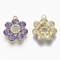 黄金は、合金チャームメッキ  ガラスラインストーン付き  花  ライラック  19x16x5mm  穴：1.2~1.5mm&nbsp;PALLOY-N154-02E