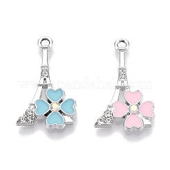 ラックメッキ合金ラインストーンペンダント  エナメル  花とエッフェル塔  プラチナ  24.5x14.5x3mm  穴：1.8mm&nbsp;FIND-N005-25P