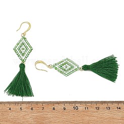 ガラスシードビーズと真鍮のドロップピアス（女性用）  菱形  ポリコットン製のタッセルイヤリング  ゴールドカラー  グリーン  78x18.5mm&nbsp;EJEW-MZ00800-01