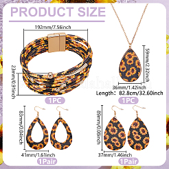 ヒョウ柄合金ペンダントネックレス＆イヤリング＆ブレスレットセット  ティアドロップ  ピアス：83x41mm&nbsp;SJEW-WH0020-03A