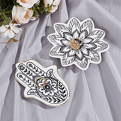 2個 2スタイル 花柄ハムサ手花磁器小物皿  アクセサリープレート  指輪の収納トレイ  ネックレス  イヤリング  ブラック  11.3~12x8.5~11.8x1.3~1.85cm  1個/スタイル&nbsp;AJEW-ME0003-92