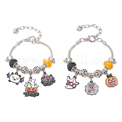 ハロウィン合金エナメルチャームブレスレット2個  女性用真鍮製ヨーロピアンスタイルブレスレット  樹脂ヨーロッパのビーズ付き  混合図形  6-7/8インチ（17.4cm）&nbsp;BJEW-JB12009