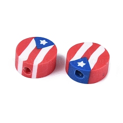 独立記念日の手作りポリマー粘土ビーズ  国旗付きのフラットラウンド  レッド  9~10x4~5mm  穴：1.8~2mm&nbsp;CLAY-Q253-12A