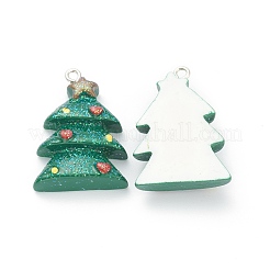 樹脂チャーム  クリスマスフェスティバルのために  プラチナアイアンペグベイル付き  グリッターパウダー  クリスマスツリー  グリーン  30x21x7mm  穴：2mm&nbsp;RESI-O010-12