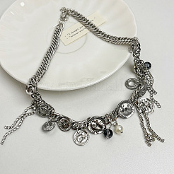 女性用合金と模造真珠のボタンタッセルチョーカーネックレス  プラチナ  15.35インチ（39cm）&nbsp;FS-WG5819F-01