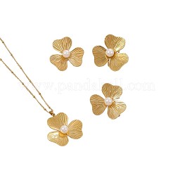 304ステンレススチール製イミテーションパールフラワースタッドピアス＆ペンダントネックレス＆リングセット（女性用）  ゴールドカラー  400mm&nbsp;WG65500-06