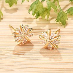 女性用真鍮マイクロパヴェクリアキュービックジルコニアスタッドピアス  カドミウムフリー＆鉛フリー  長持ちメッキ  ラックめっき  ゴールドカラー  スノーフレーク  10.5mm&nbsp;EJEW-G428-26G-02