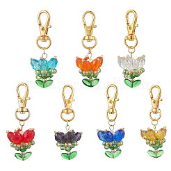 7個 7色の花のガラスペンダント装飾  シェルパールビーズと合金製回転ロブスタークロウ留め金付き  ミックスカラー  62.5mm  1pc /カラー&nbsp;HJEW-MZ00247