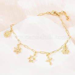 真鍮製チャーム付きブレスレット  女性用アズキチェーンブレスレット  雪の結晶、ひまわり、クローバー、星、十字架  18KGP本金メッキ  7.48インチ（19cm）  ペンダント：9.5~12x8x2~3mm&nbsp;BJEW-F545-01D-G