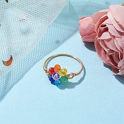 花のガラスの指輪  女性用銅線巻きリング  カラフル  内径：20mm&nbsp;RJEW-JR00713-01