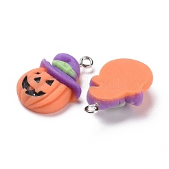 ハロウィン不透明樹脂ペンダント  プラチナトーンの鉄ループ付き  紫色の帽子とカボチャ  オレンジ  26x16.5x7mm  穴：2mm&nbsp;RESI-G028-08P
