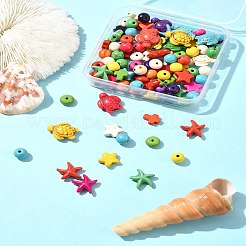 100個6スタイルの合成ターコイズビーズセット  染め  丸い & ヒトデ & ロンデル & カメ & 十字架 & 星  ミックスカラー  8~18x5~14x3~8mm  穴：1~1.5mm&nbsp;TURQ-FS0001-05