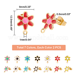 14個 7色 304ステンレススチール エナメルスタッドピアス金具  ピアスキャッチとカン付き  花  ミックスカラー  12.5x9mm  穴：1mm  ピン：0.8mm  2個/カラー&nbsp;STAS-UN0028-04