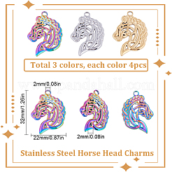 12個3色201ステンレスペンダント  馬の頭のチャーム  ミックスカラー  32x22x2mm  穴：2mm  4個/カラー&nbsp;FIND-SC0005-87