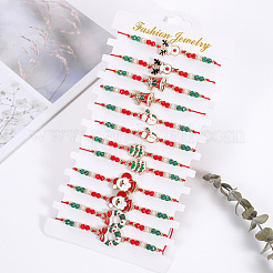 クリスマス合金エナメルペンダントリンクブレスレット  女性用ガラスビーズ編みビーズブレスレット  ワックスコード付き  カラフル  7-1/8~9-1/8インチ（18~23cm）&nbsp;FS-WG9F6E2-01