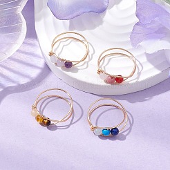銅線で包まれた天然および合成宝石の丸型ビーズ指輪、女性用 4個  7mm  内径：19mm&nbsp;RJEW-JR00738-S