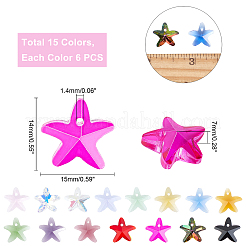 90個15色ファセットガラスチャーム  ヒトデ  ミックスカラー  14x15x7mm  穴：1.4mm  6個/カラー&nbsp;GLAA-PH0008-26