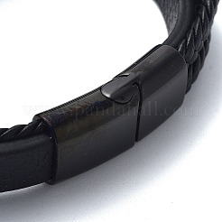 メンズ ブラック PU レザー コード マルチ連 ブレスレット  長方形の201ステンレススチールリンクブレスレット、304ステンレススチールマグネット留め金付き  ゴールドカラー  8-5/8x1インチ（21.9x2.5cm）&nbsp;BJEW-K243-49G
