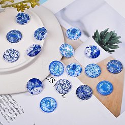 青と白のプリントガラスカボション  半円/ドーム  スチールブルー  20x6mm  100個/箱&nbsp;GGLA-SZ0001-13