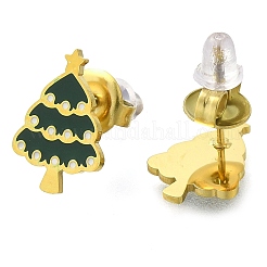 イオンプレーティング（IP）304ステンレススチールエナメルスタッドピアス  14KGP本金メッキ  クリスマスのために  クリスマスツリー  13x9mm&nbsp;EJEW-I316-03G-12