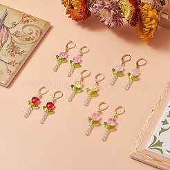 ランプワーク ビーズ チューリップ ダングル レバーバック イヤリング  女性用ゴールデン 304 ステンレススチール ジュエリー  ミックスカラー  50mm  ピン：0.7mm&nbsp;EJEW-JE05232