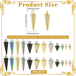 24個12スタイル304ステンレススチールペンダント  スパイク/コーン チャーム  ミックスカラー  7.5~18x3~7mm  穴：1.8~2mm  2個/スタイル&nbsp;STAS-FS0002-24