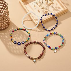 5 個 5 スタイル天然 & 合成混合宝石 & ランプワークナザールボンジュウ & ミッレフィオリストレッチブレスレットセット  キュービック ジルコニア ハムサ ハンド & スター チャーム スタッカブル ブレスレット 女性用  ミックスカラー  内径：2-1/8インチ（5.3cm）  1個/スタイル&nbsp;BJEW-JB08886