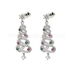クリスマスツリーの真鍮マイクロパヴェキュービックジルコニアダングルスタッドピアス  プラチナ  36x13.5mm&nbsp;EJEW-C165-01P