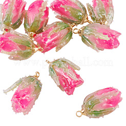 10個透明アクリルパーツ  花のチャーム  金色の真鍮ループ  濃いピンク  20x12~13x12~13mm  穴：1.6mm&nbsp;SACR-TA0001-66A
